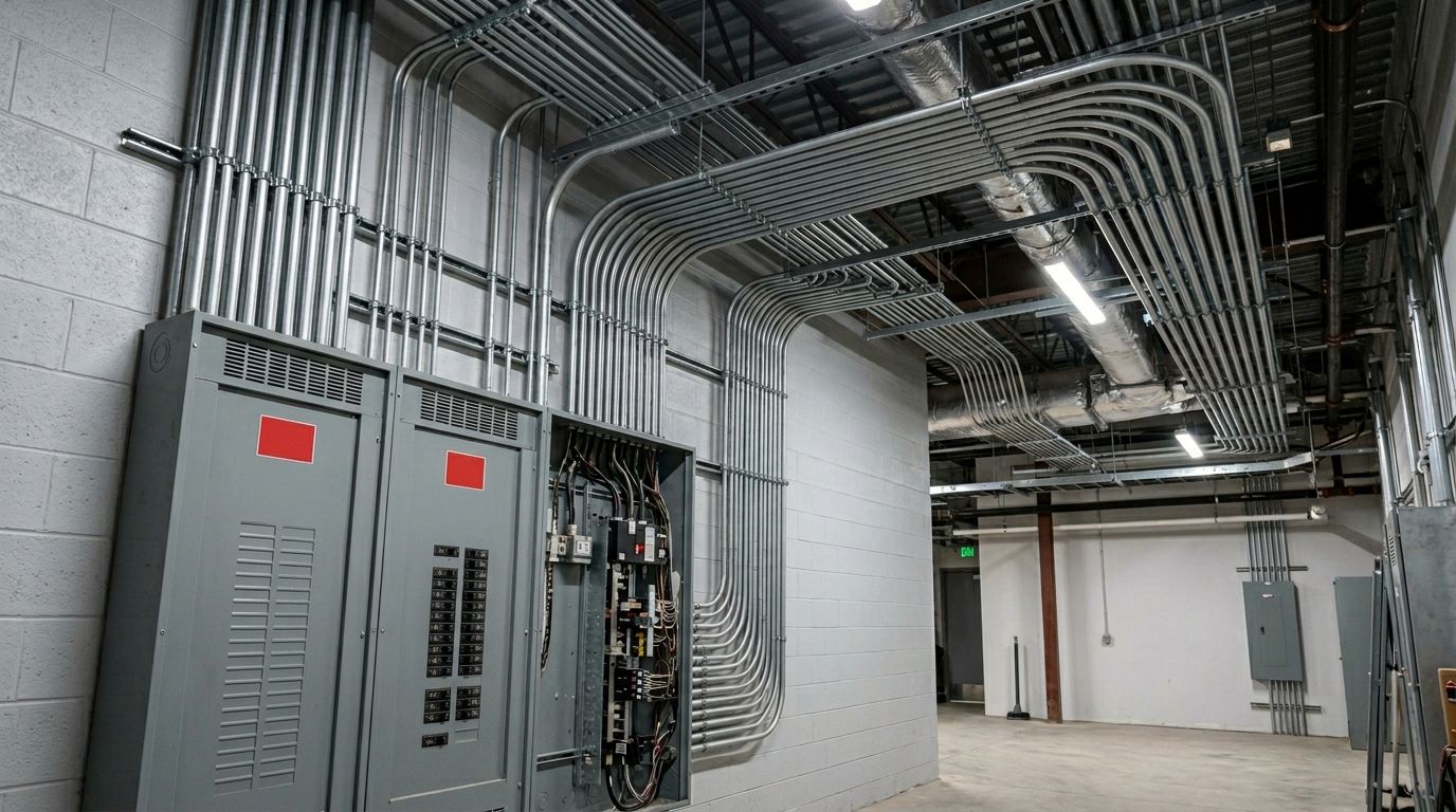 commercial electrical panel and organized conduit runs in the ceiling of a commercial space