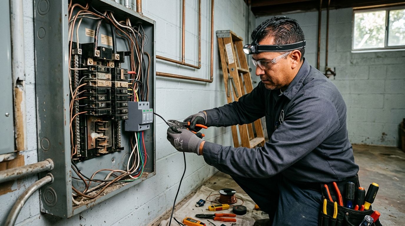 electrician upgrading an older electrical panel and installing surge protection in a mid century Dallas home