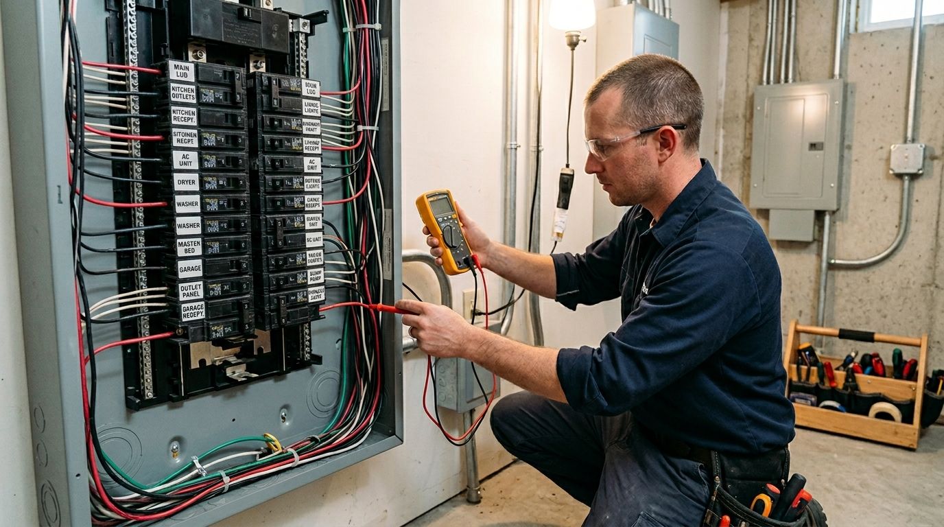 electrician neatly examining an open electrical panel with labeled breakers