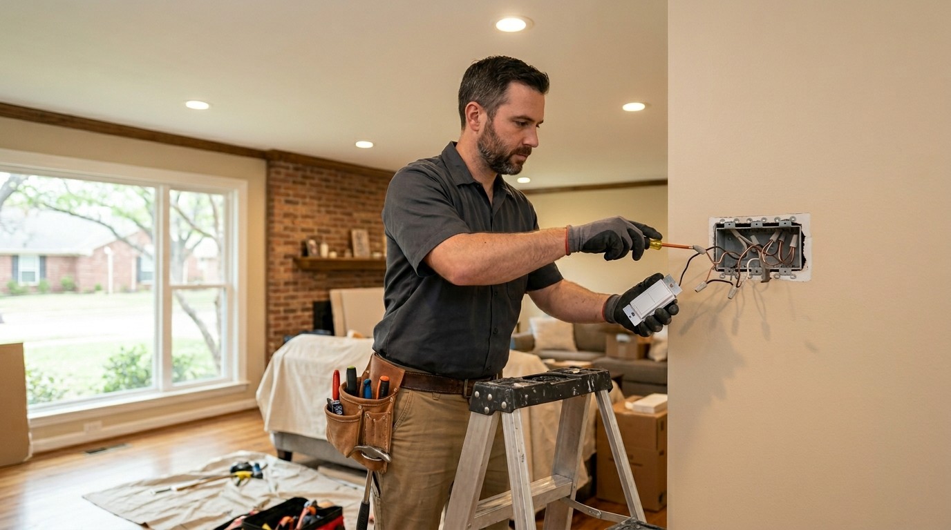 electrician installing smart switches and recessed lighting in a renovated family home in Dallas