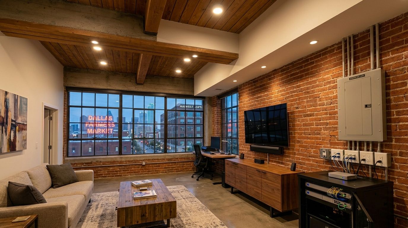 a finished data wiring and recessed lighting project in a Dallas Farmers Market District loft