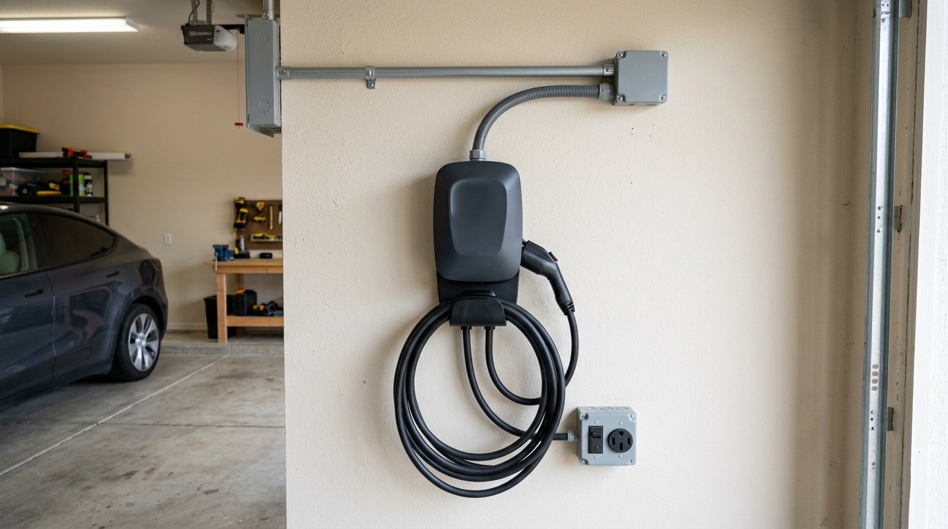 a newly installed level 2 EV charger and dedicated circuit on a garage wall in a Dallas home