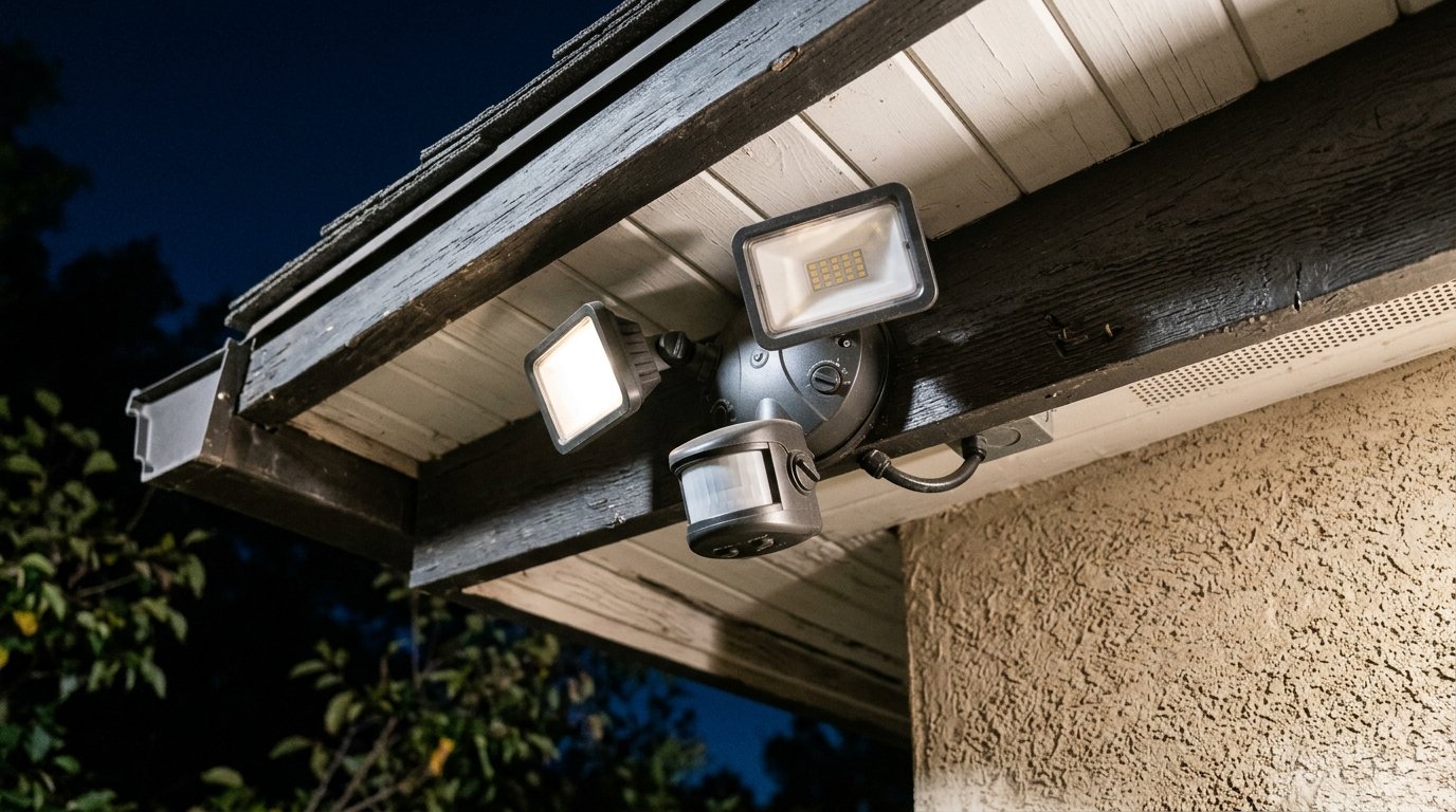 close up of an LED motion sensor flood light mounted on the eave of a house