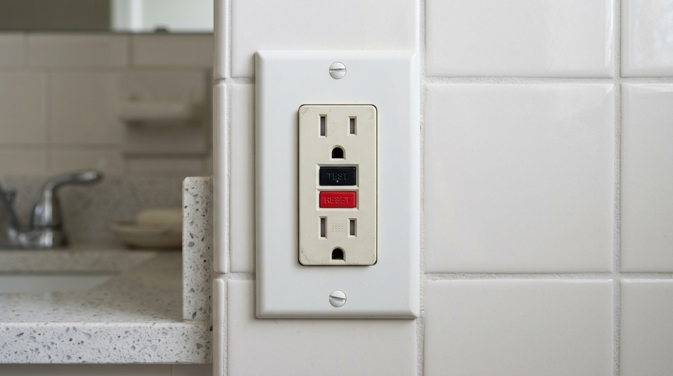 close up of a GFCI outlet showing the test and reset buttons installed in a bathroom
