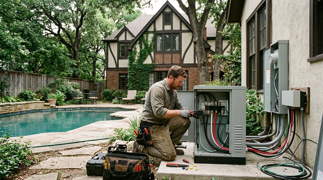 a licensed electrician wiring a backyard pool and standby generator at a 1930s Lakewood Tudor home in Dallas