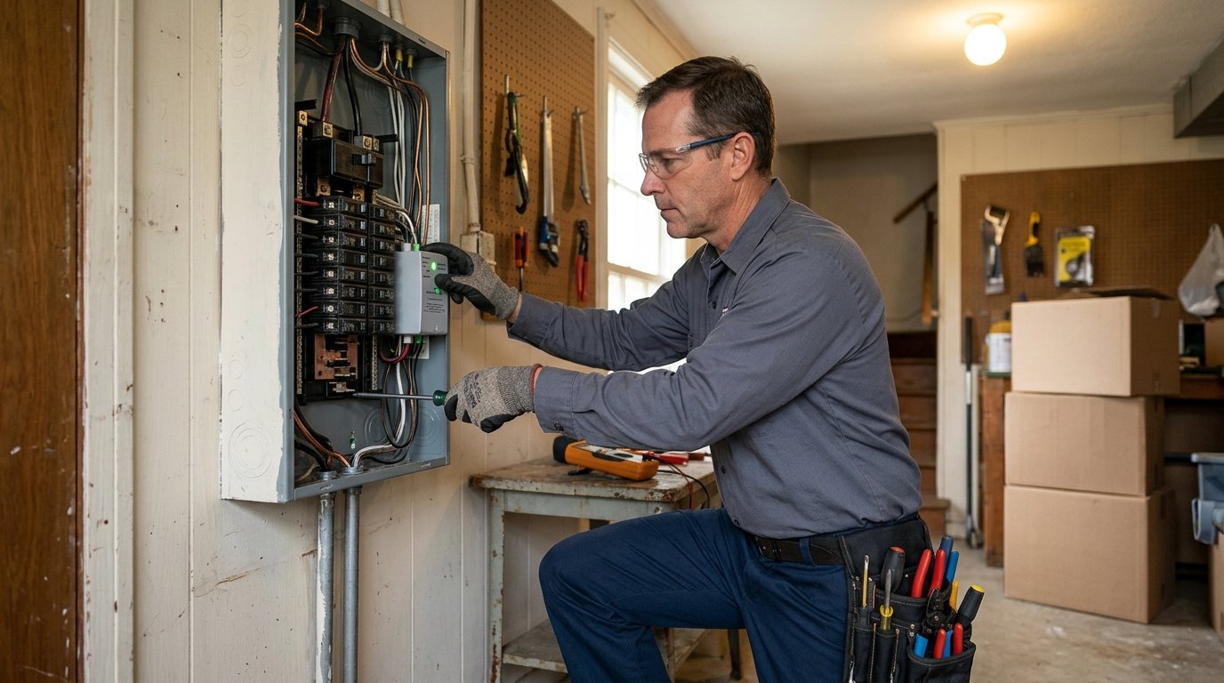 a licensed electrician upgrading the panel and adding surge protection in a Cedar Crest Oak Cliff home