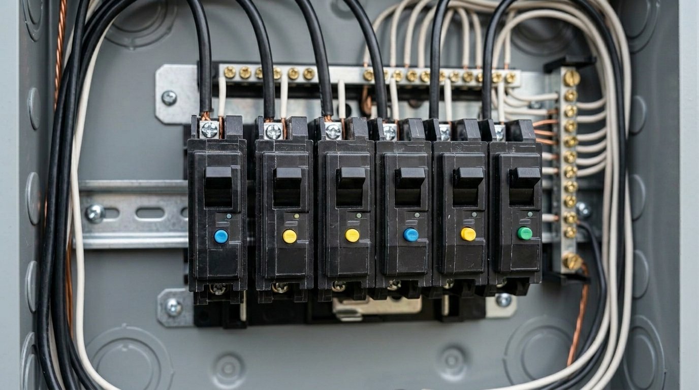 close up of arc fault AFCI breakers installed in a residential electrical panel