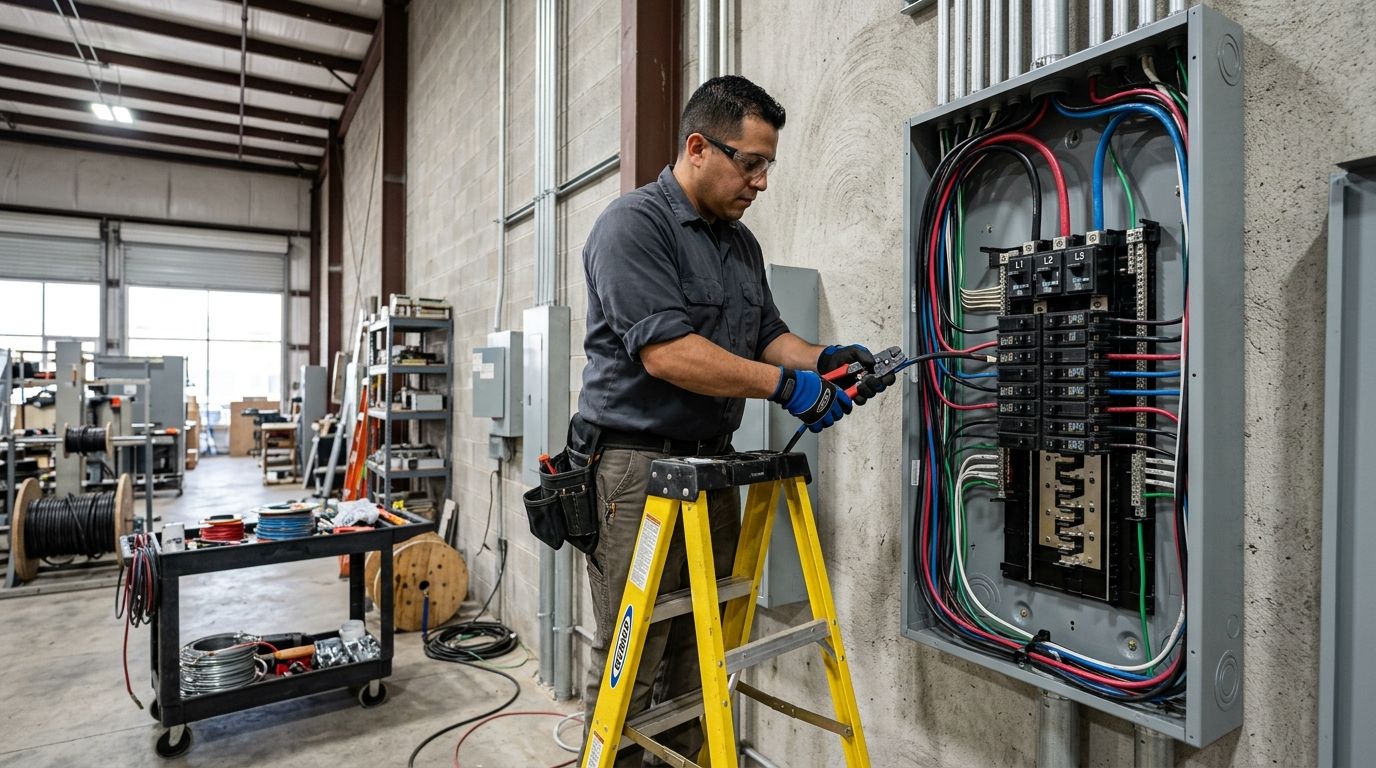 a licensed electrician installing three-phase power and commercial wiring in a Farmers Branch light industrial space