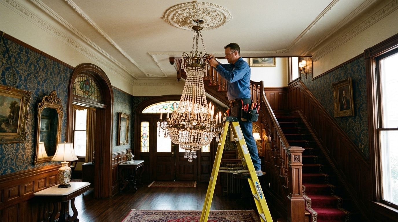 electrician installing an ornate chandelier in the formal entry of a restored victorian home in Dallas