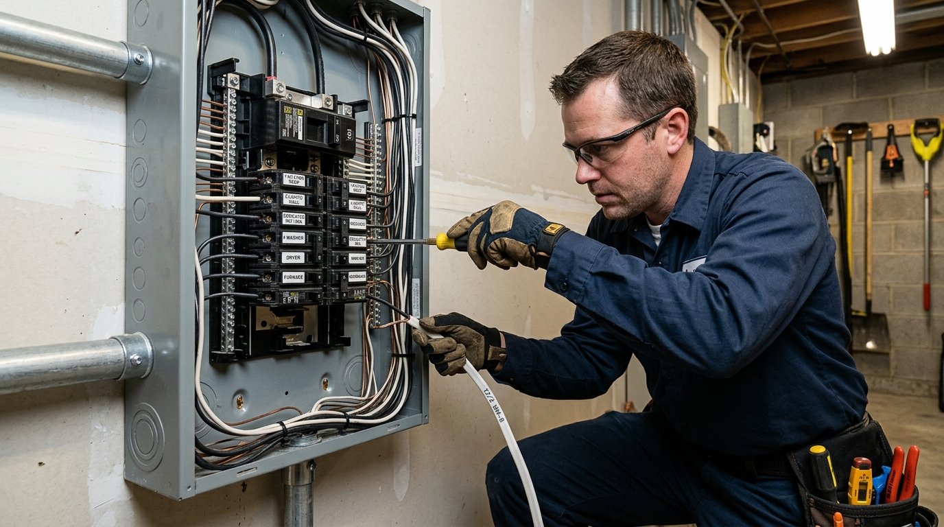 electrician neatly wiring a dedicated appliance circuit inside an electrical panel, labeled breakers