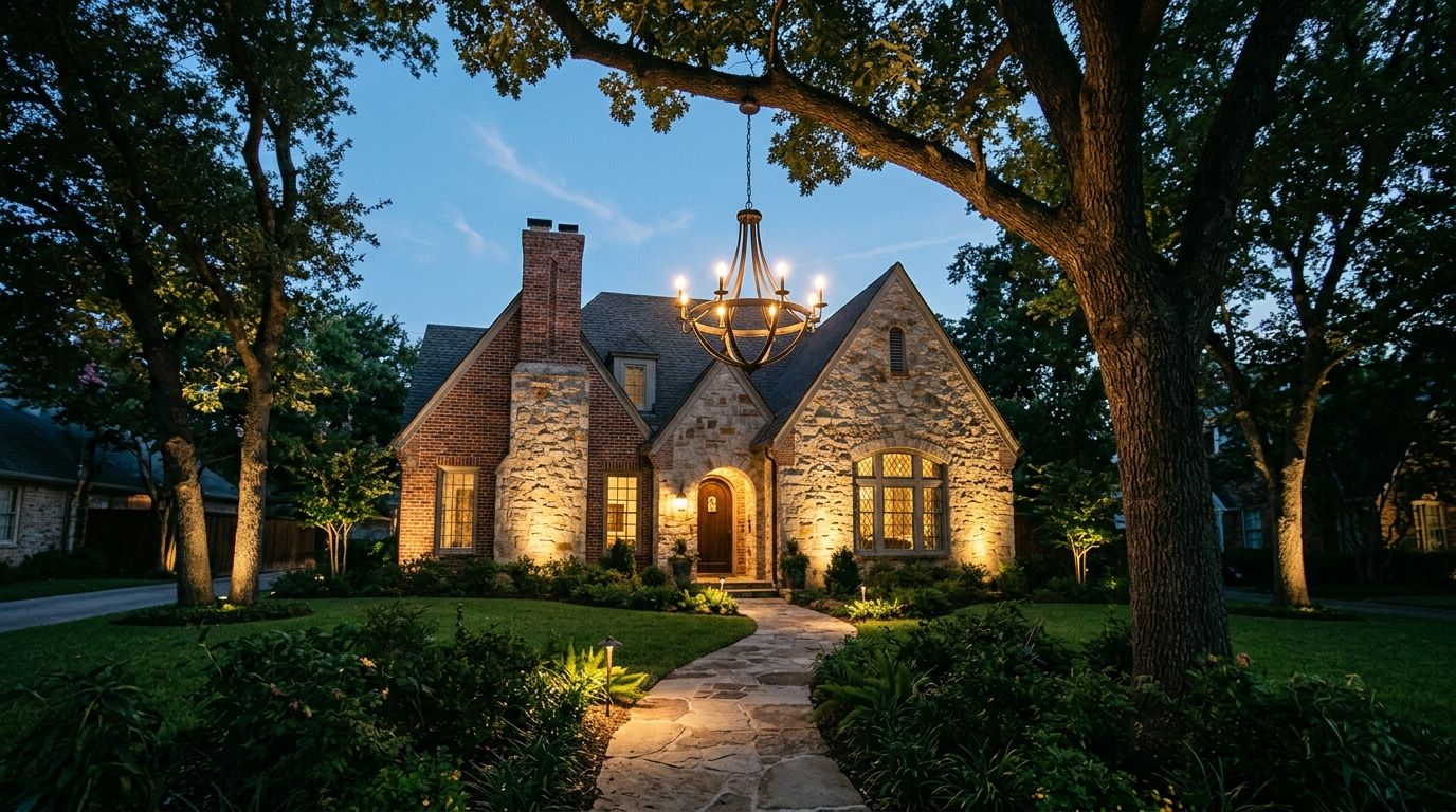 a finished chandelier and landscape lighting project at a historic Stevens Park Village home