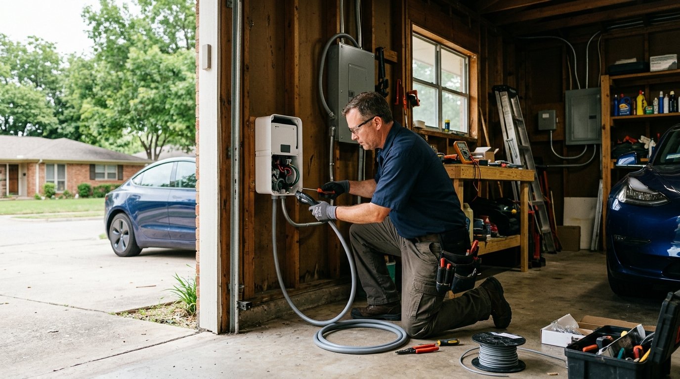 electrician installing a level 2 EV charger in the garage of a mid century ranch home in southwest Dallas