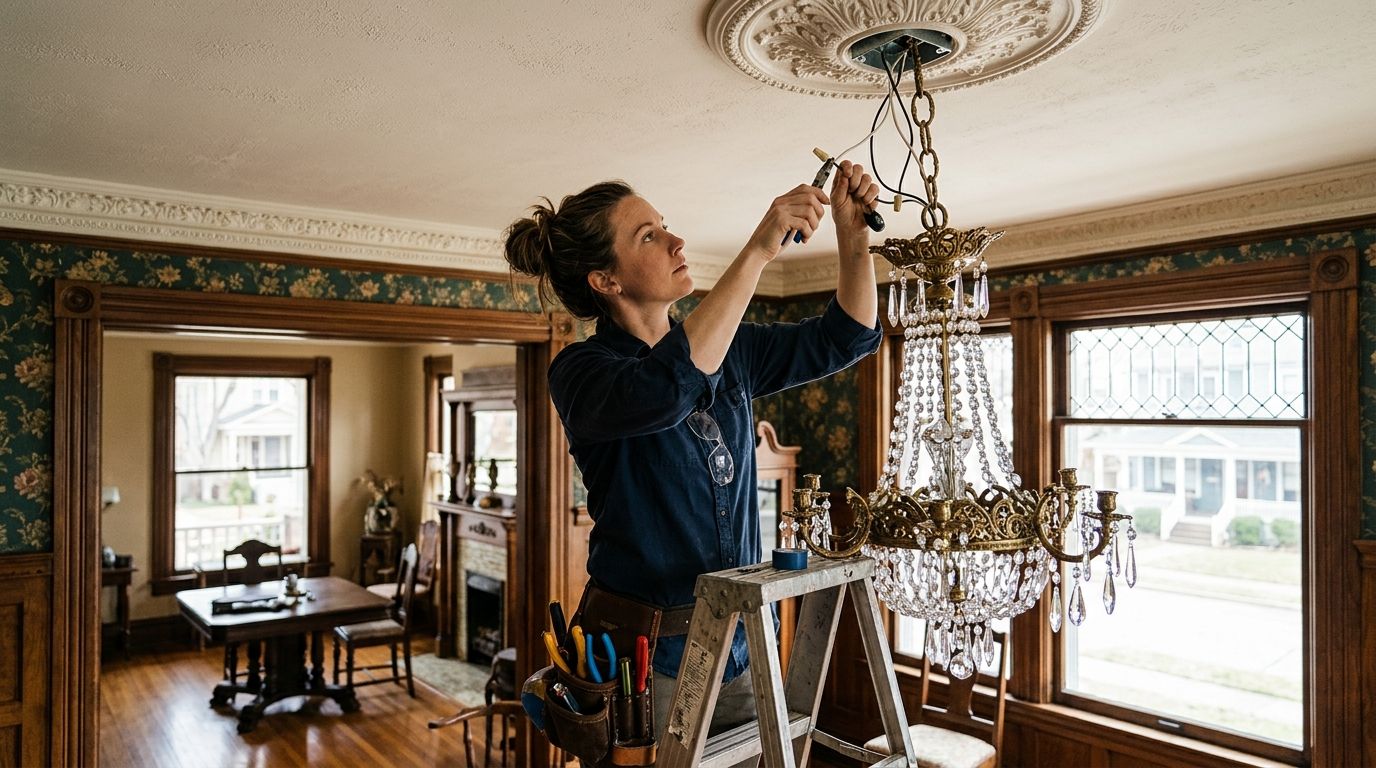 a licensed electrician rewiring and installing a chandelier in a restored Victorian home in State Thomas Dallas