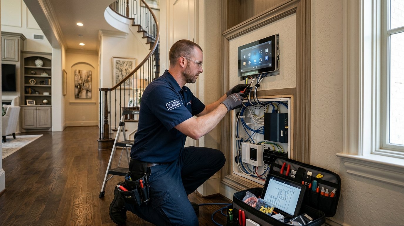 a licensed electrician installing a smart home control system in an upscale Prestonwood home