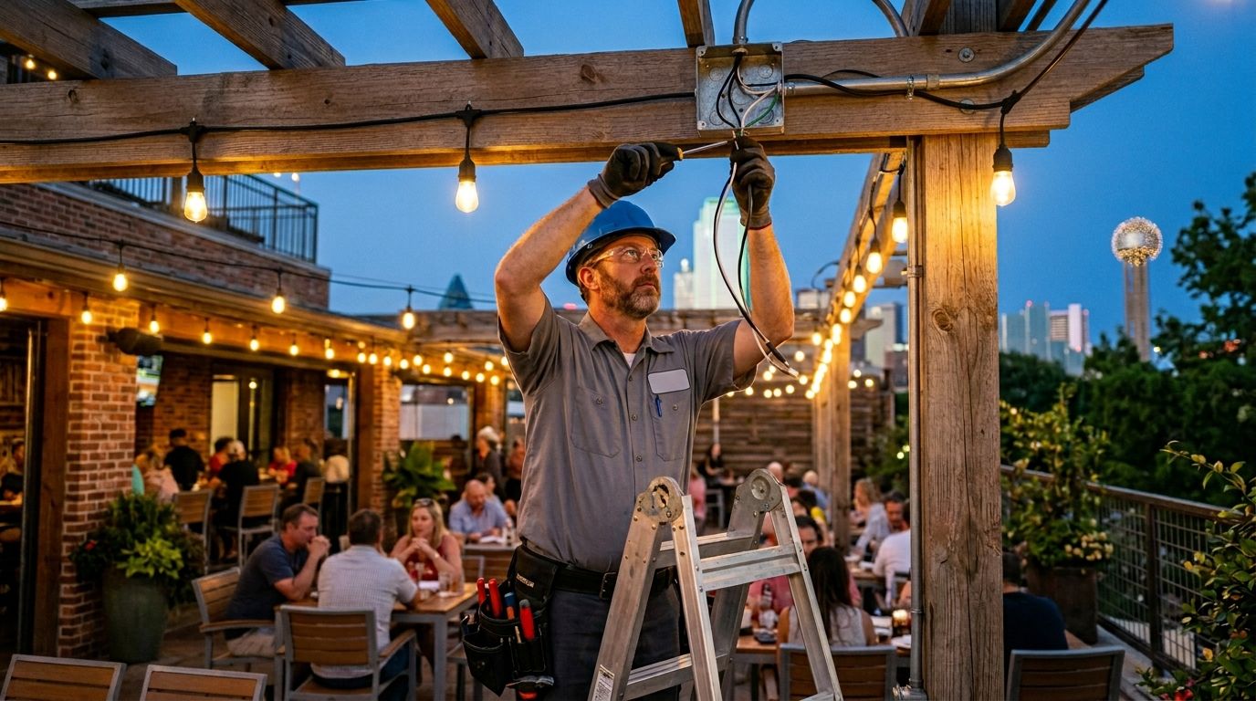 a licensed electrician installing commercial wiring and patio lighting at a Trinity Groves restaurant in Dallas