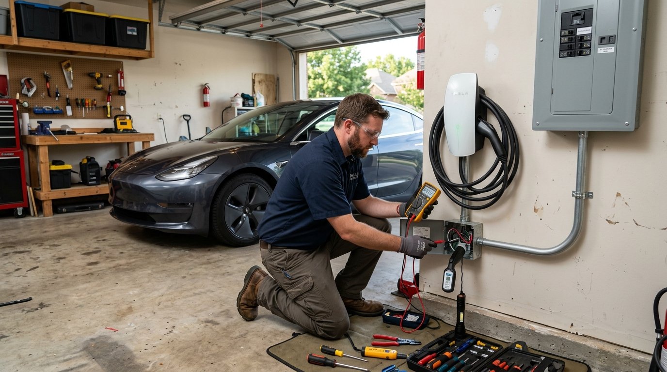 electrician testing a newly installed EV charger and dedicated circuit in a Dallas garage