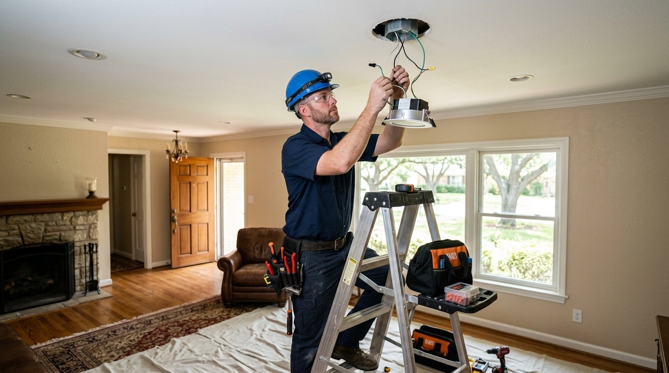 a licensed electrician installing smart home systems and recessed lighting in an established Lake Highlands home in Dallas