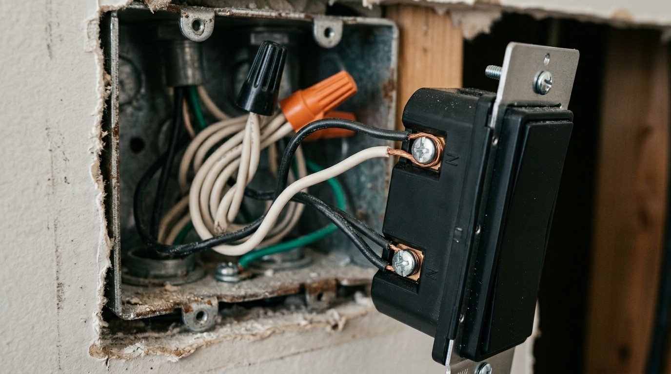 close up of a smart dimmer switch and a neutral wire connection inside a wall switch box