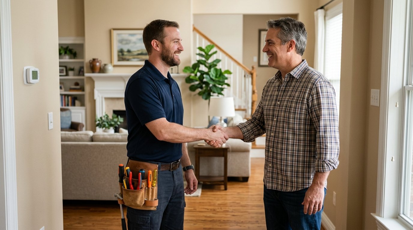 a licensed electrician shaking hands with a satisfied homeowner in a Dallas home