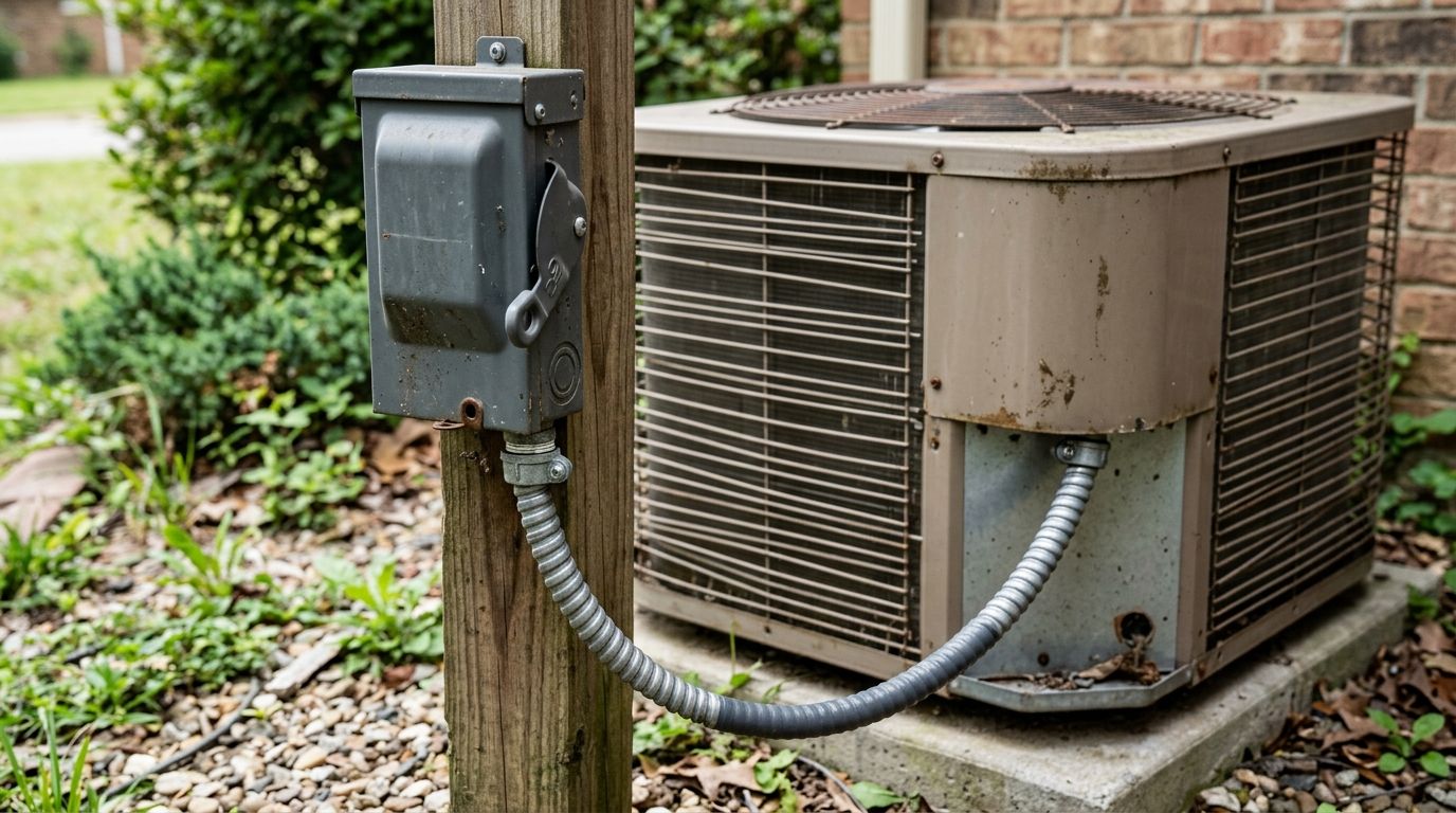 close up of an HVAC electrical disconnect box and conduit whip connected to an outdoor condenser