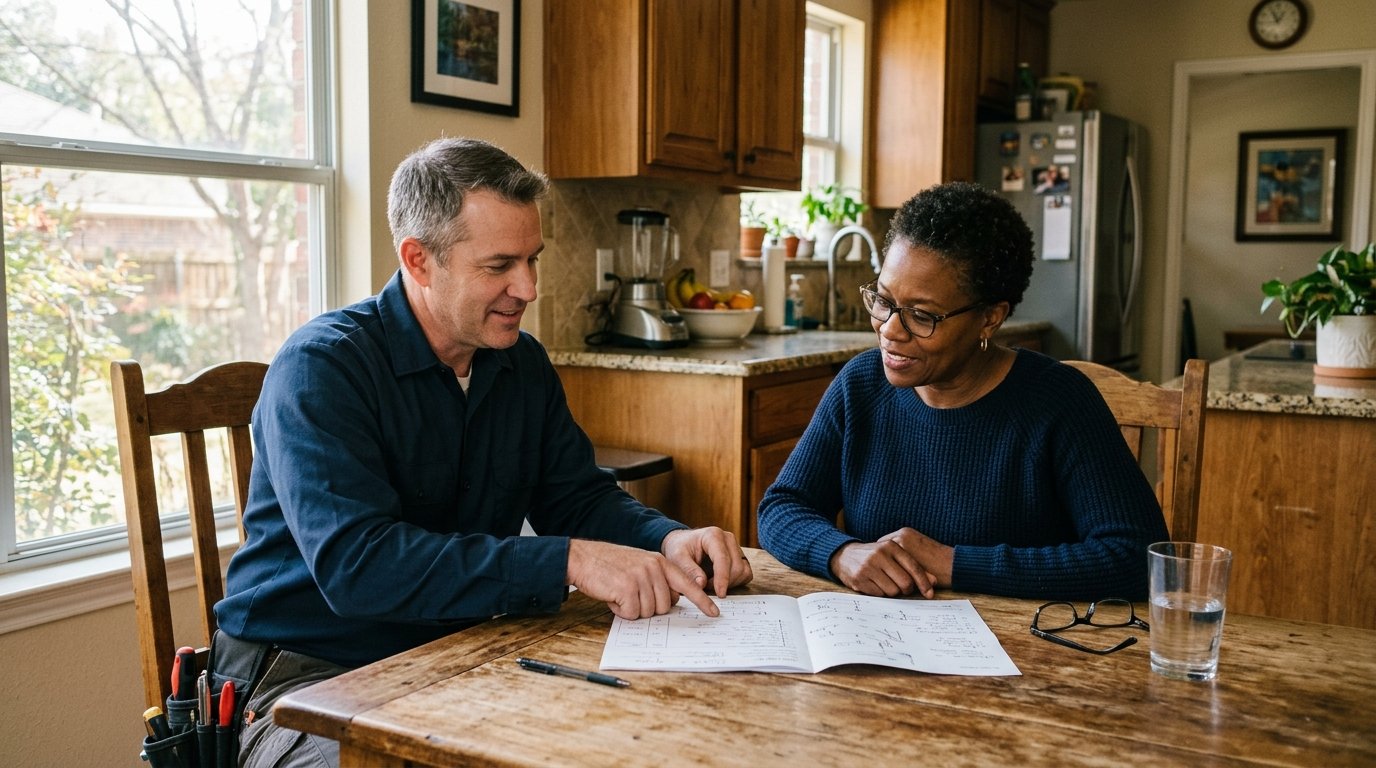 a licensed electrician showing a homeowner a written quote at a kitchen table in a Dallas home