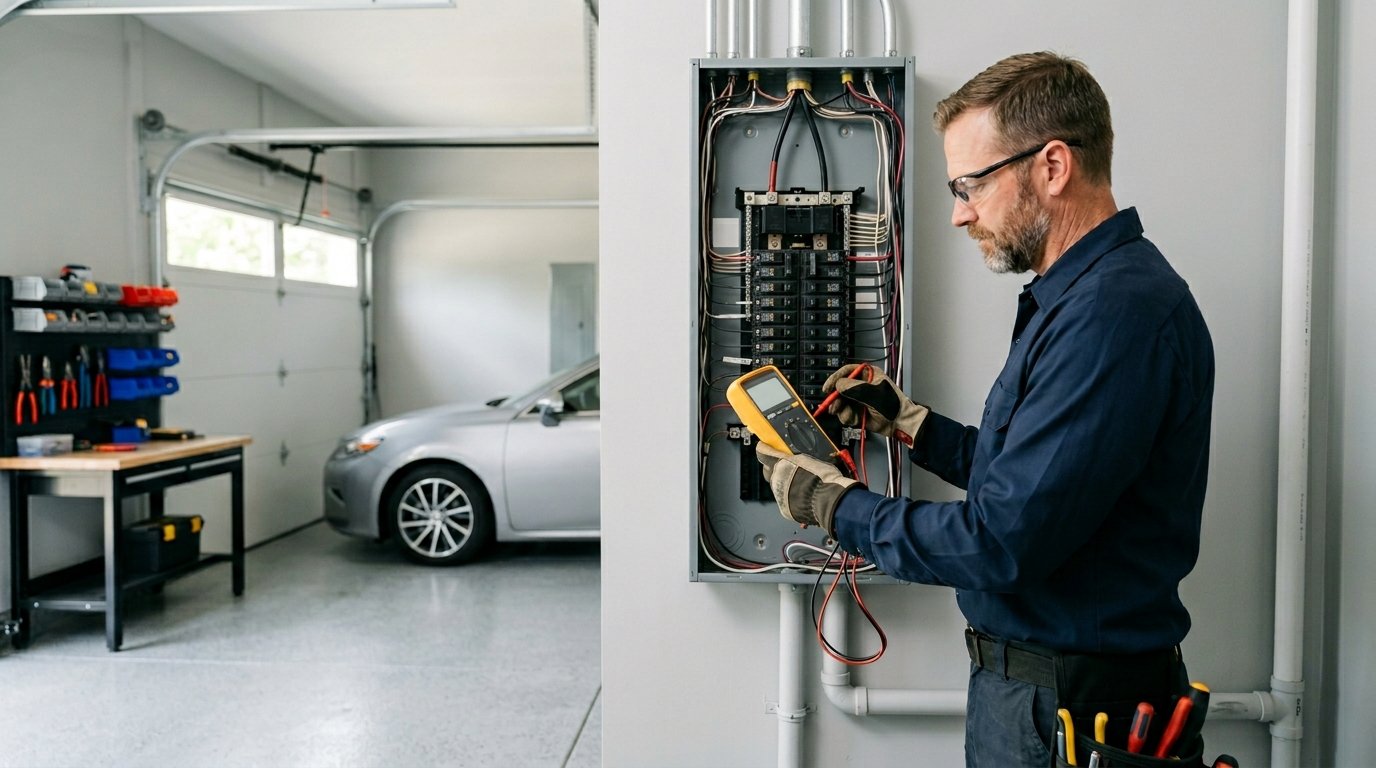licensed electrician inspecting a residential electrical panel with a voltage meter, clean modern garage