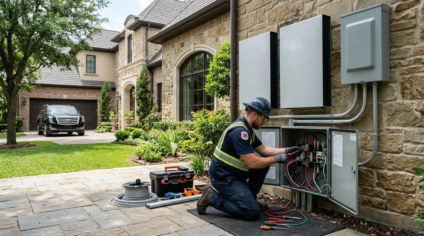 electrician installing a home battery backup system and standby generator at a luxury estate home in Dallas