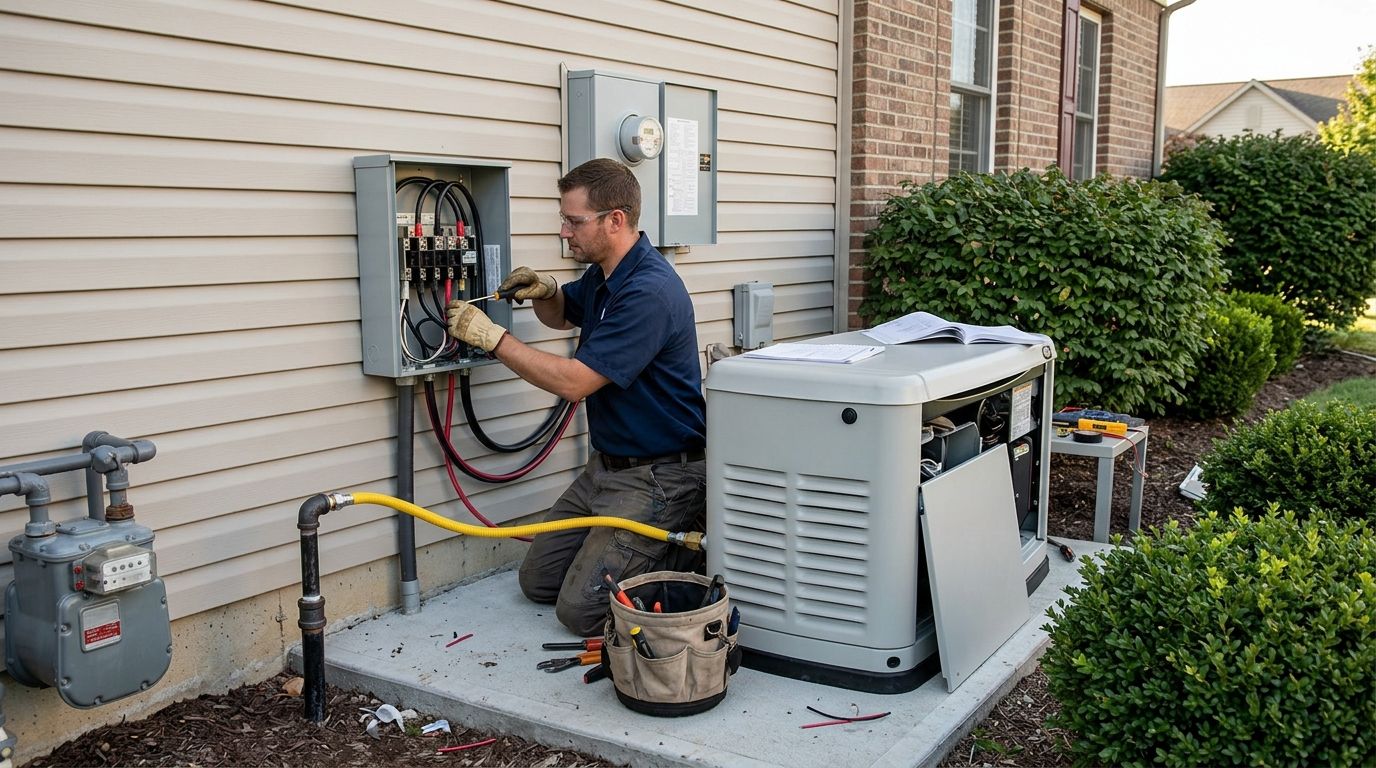 electrician connecting a standby generator to a gas line and transfer switch outside a home