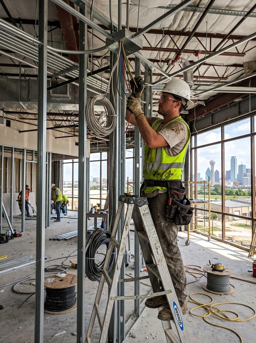 electrician installing commercial electrical wiring in a new restaurant build out in West Dallas