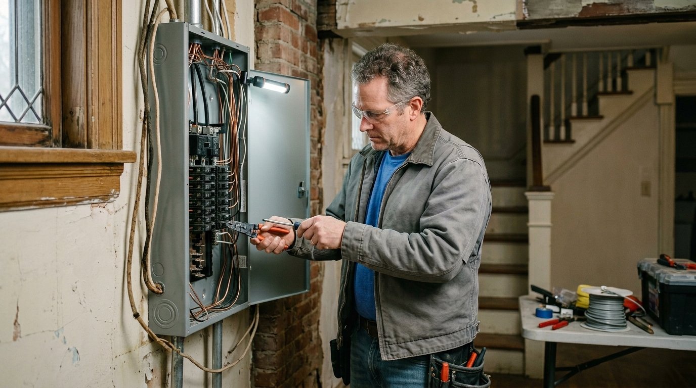 a licensed electrician upgrading the electrical panel in a historic early 1900s Lake Cliff home