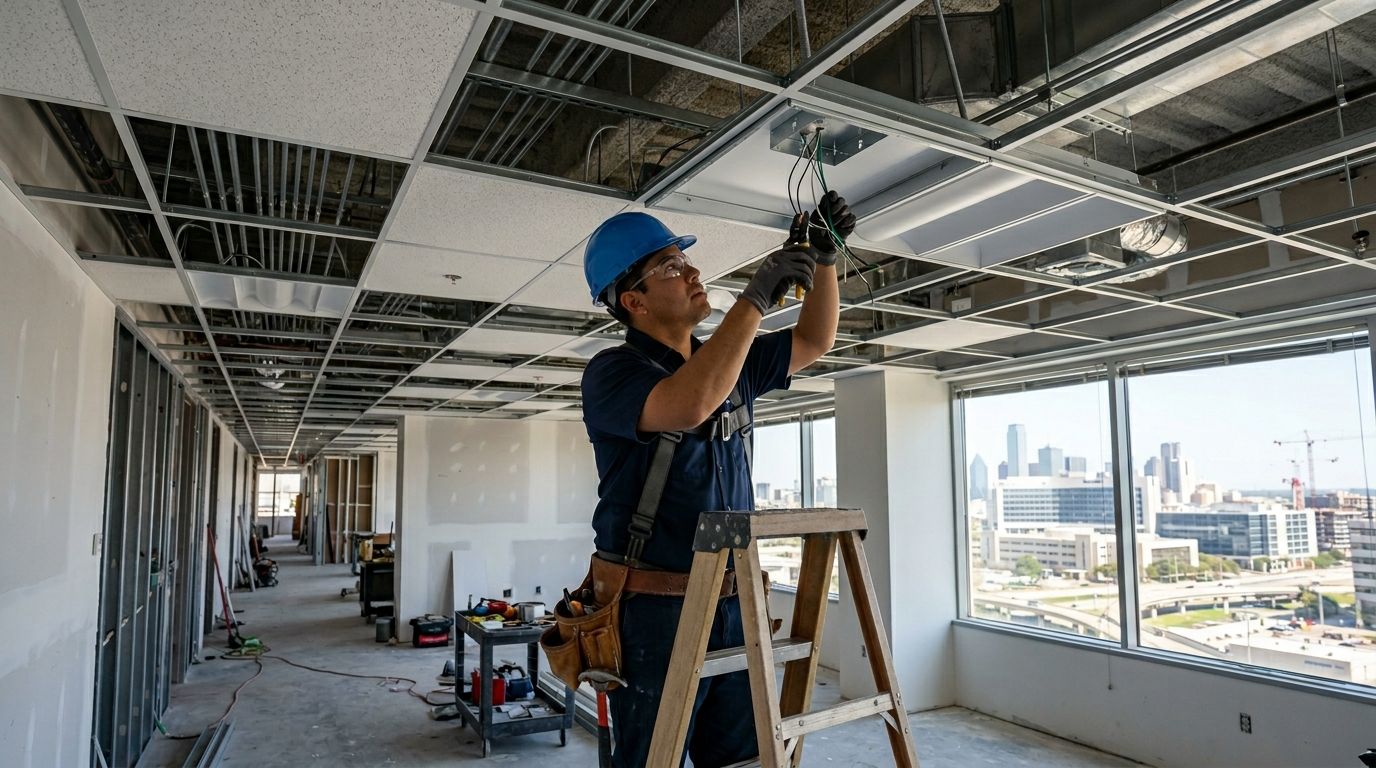 a licensed electrician installing commercial wiring and lighting in a Dallas Medical District office building