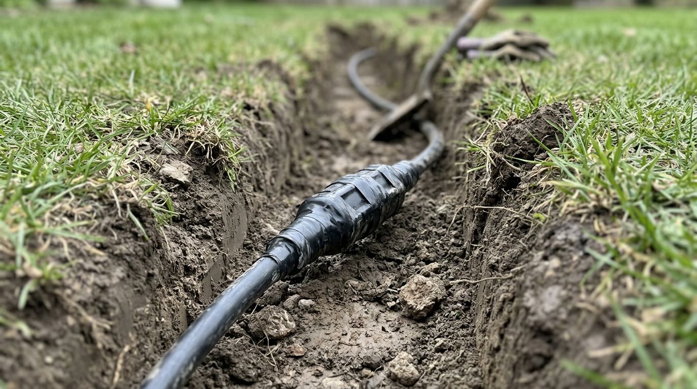 close up of a repaired direct burial electrical cable splice and conduit in an open trench in a yard