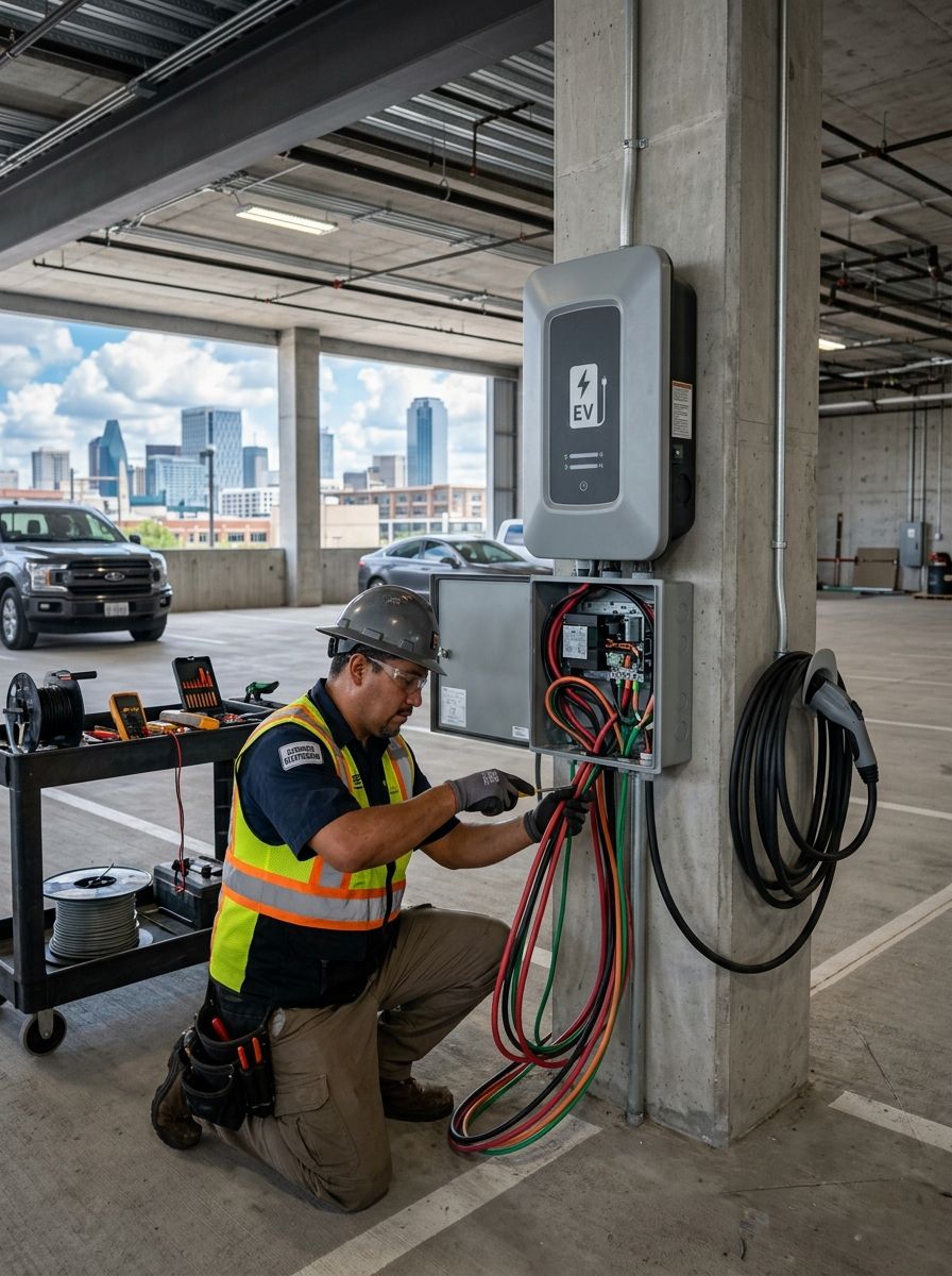 a licensed electrician installing commercial wiring and EV charging in a new West Dallas mixed use building