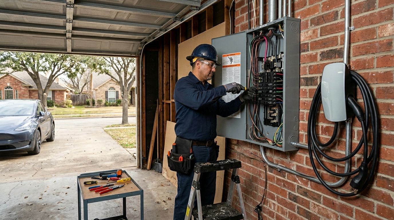 a licensed electrician upgrading a panel and installing an EV charger in an established Redbird home in Dallas
