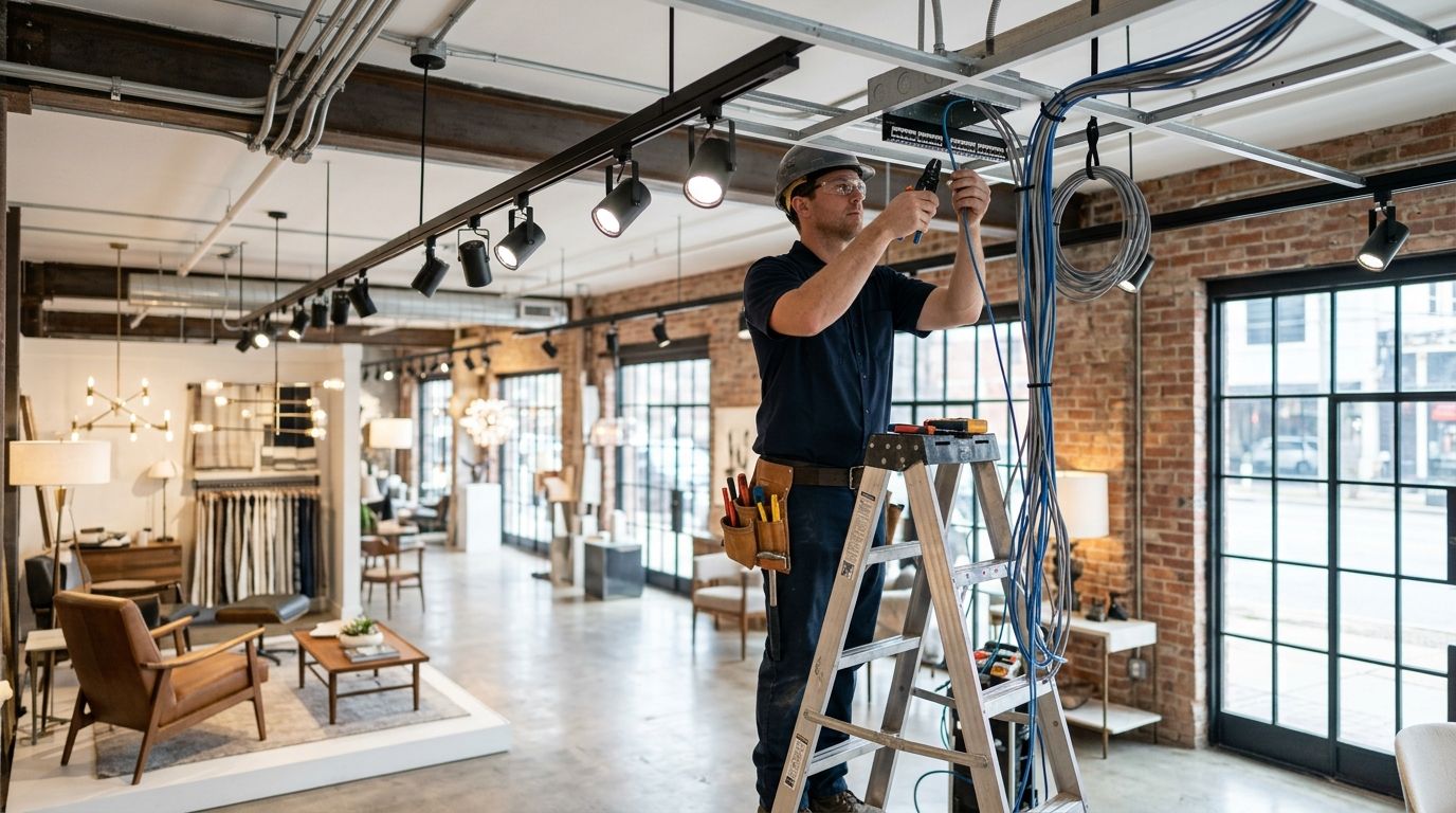 a licensed electrician installing data wiring and display lighting in a Design District showroom in Dallas