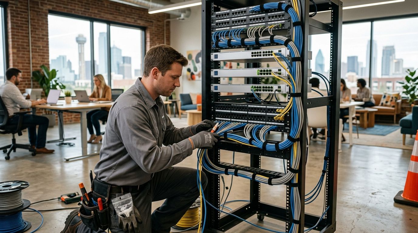 electrician installing structured data cabling and a network rack in a modern creative office in Dallas