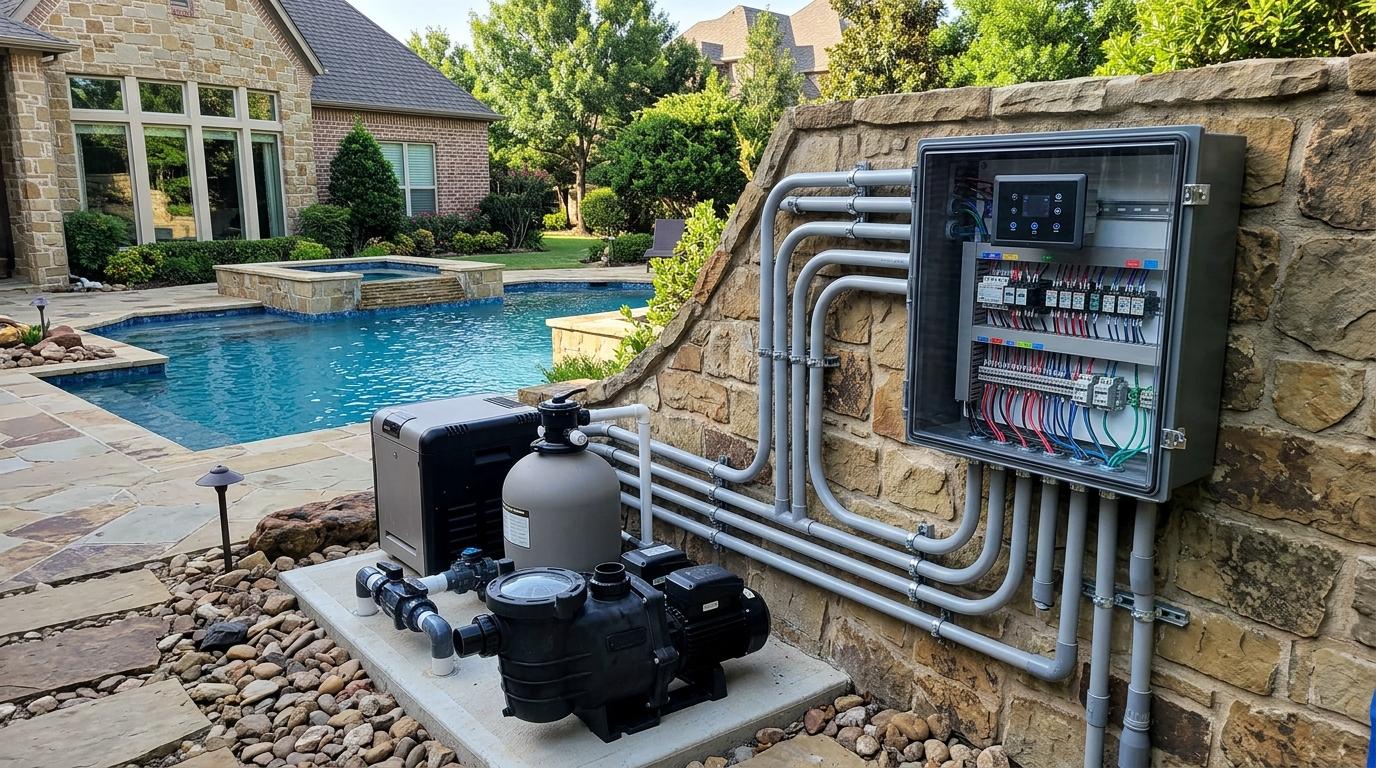 a finished pool wiring and smart home installation at an upscale Prestonwood home