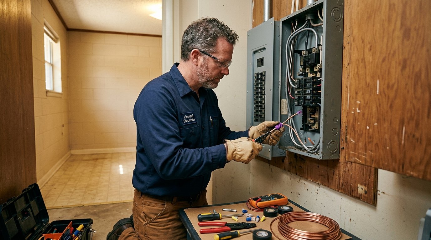 a licensed electrician remediating aluminum wiring and upgrading the panel in a 1970s Northwood Hills home in Dallas