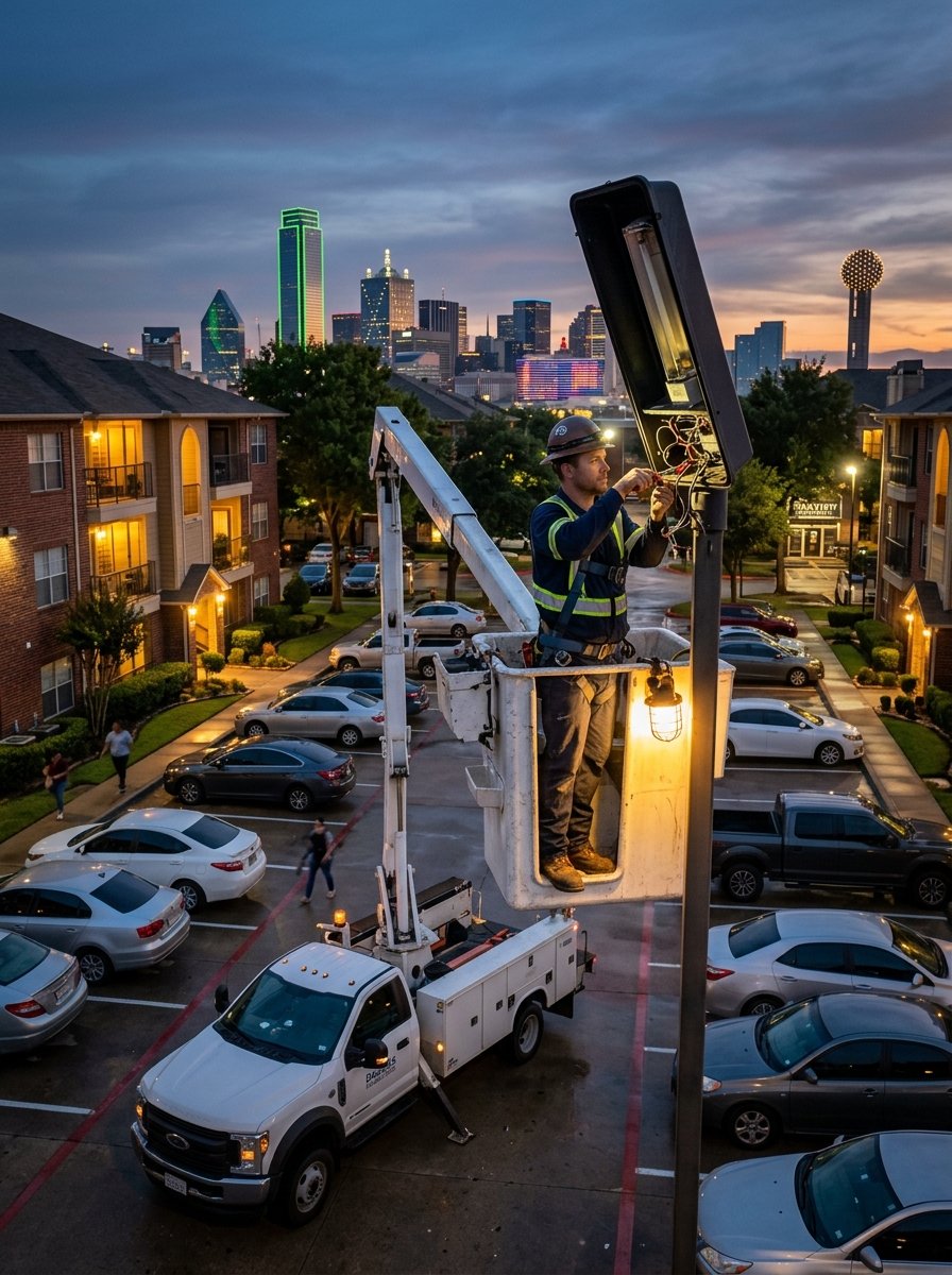 electrician repairing exterior and parking lot lighting at an apartment community in Dallas at dusk