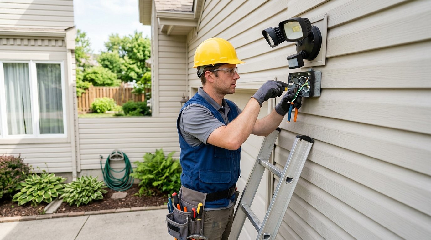 electrician wiring an exterior security light fixture on the side of a house