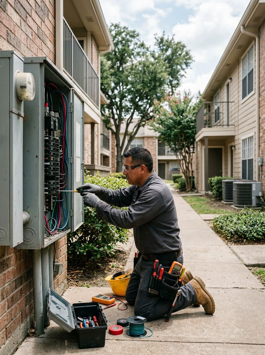 a licensed electrician repairing electrical systems in a Vickery Meadow apartment community in Dallas