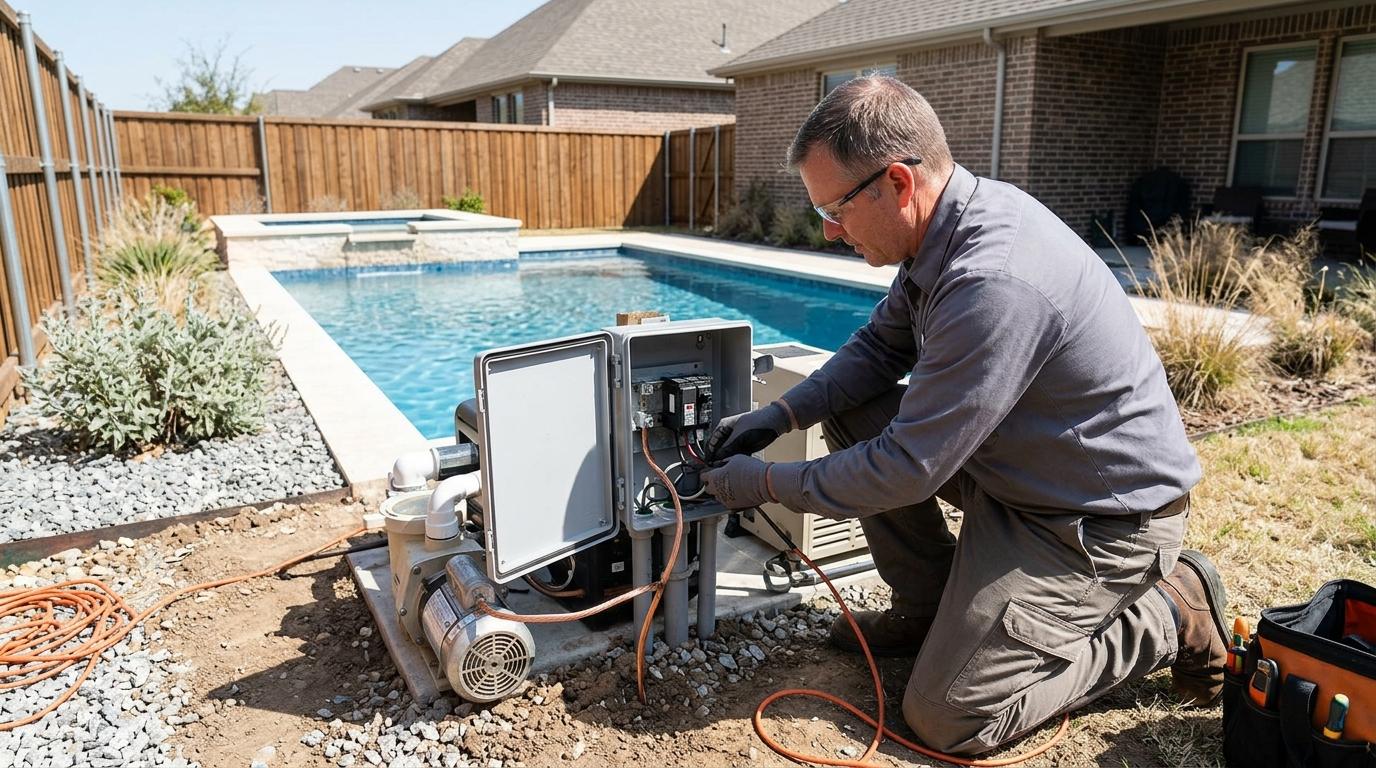 electrician installing code compliant pool and spa electrical bonding and gfci wiring at a backyard pool in Dallas