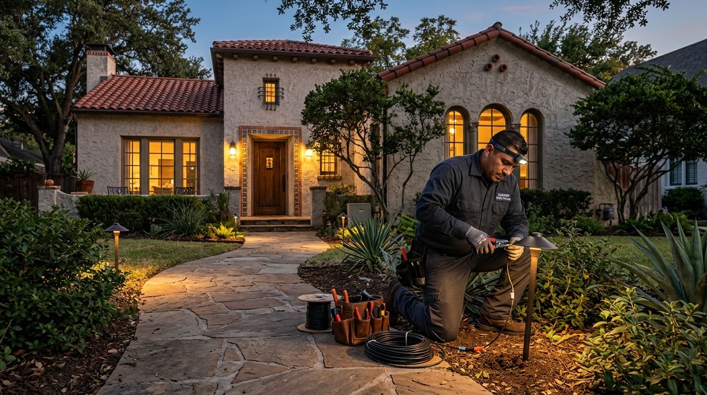 a licensed electrician installing landscape lighting along the facade of a historic Spanish style home in Oak Cliff at dusk
