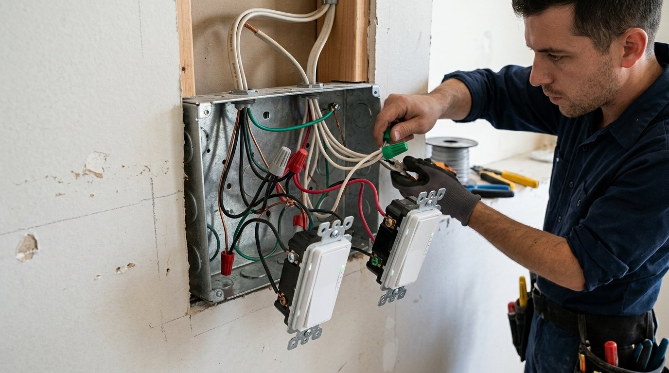 electrician neatly wiring smart switches and devices inside an electrical box
