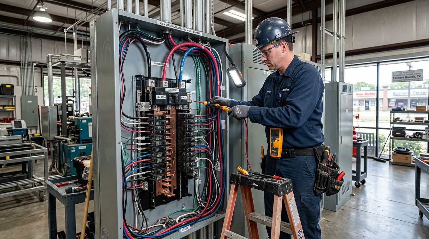 electrician working on a three phase commercial electrical panel in a Farmers Branch business facility