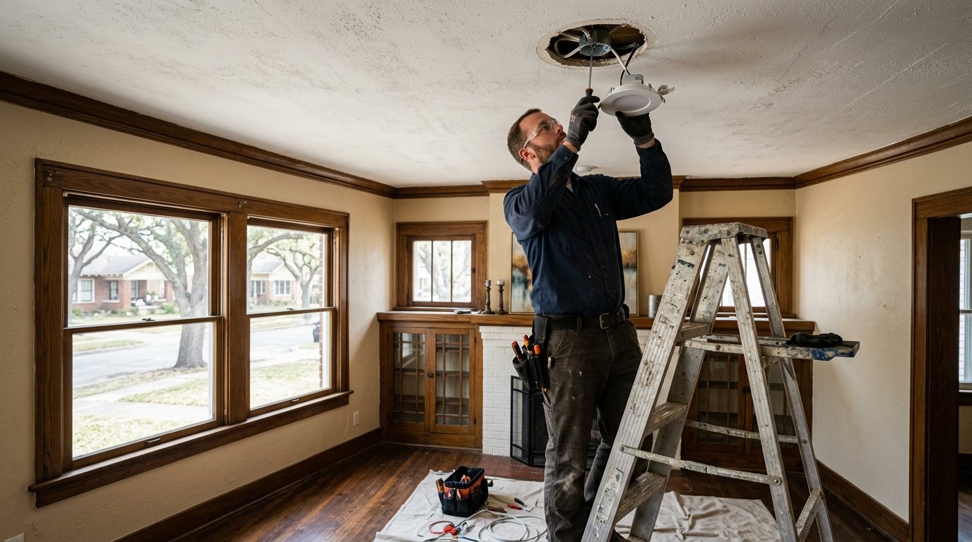 a licensed electrician installing recessed lighting in the ceiling of an older North Oak Cliff home