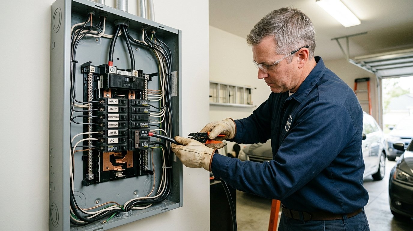 electrician neatly wiring an EV charger circuit inside an open electrical panel, labeled breakers