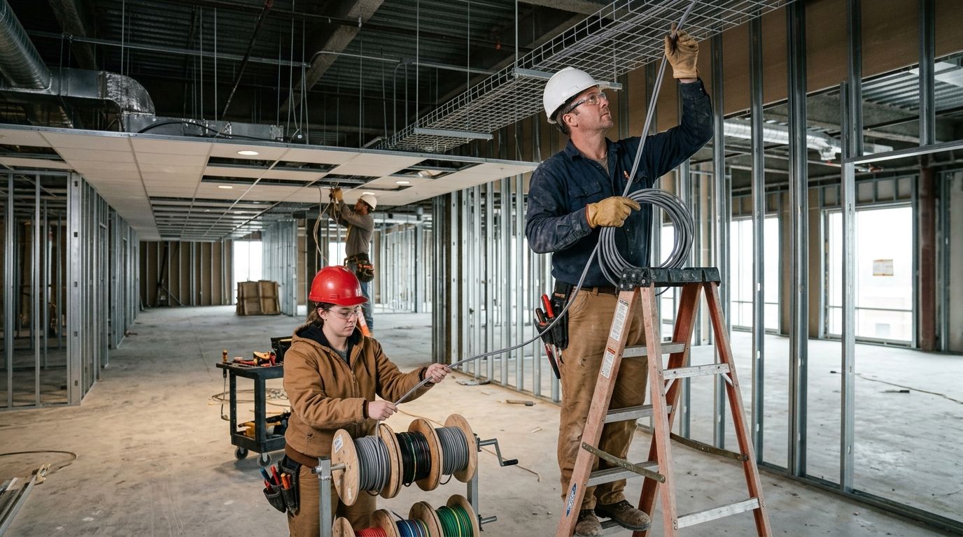 electricians installing commercial lighting and wiring in a commercial build out