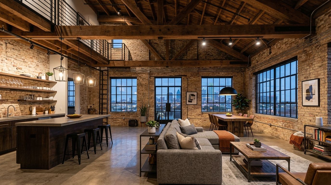 interior of a converted brick warehouse loft with exposed beams and modern electrical fixtures in Dallas