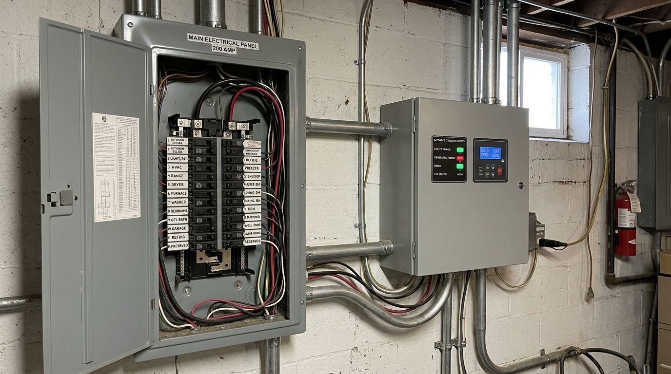 automatic transfer switch panel mounted next to a residential electrical panel, labeled breakers
